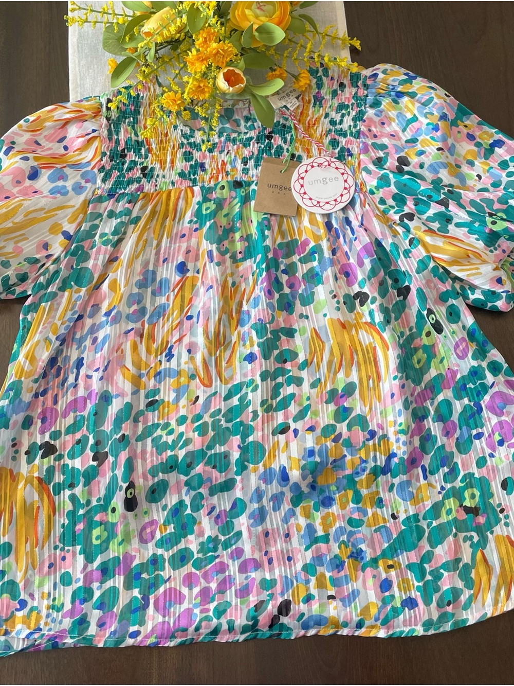 Women’s Umgee Multicolor Smocked Puff Sleeve Top — Teal, Yellow, Pink, Purple